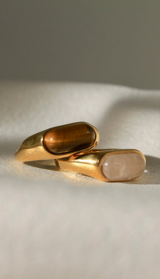 18K Gold Plated Natural Stone Rose Quartz Ring, Tiger’s Eye Ring