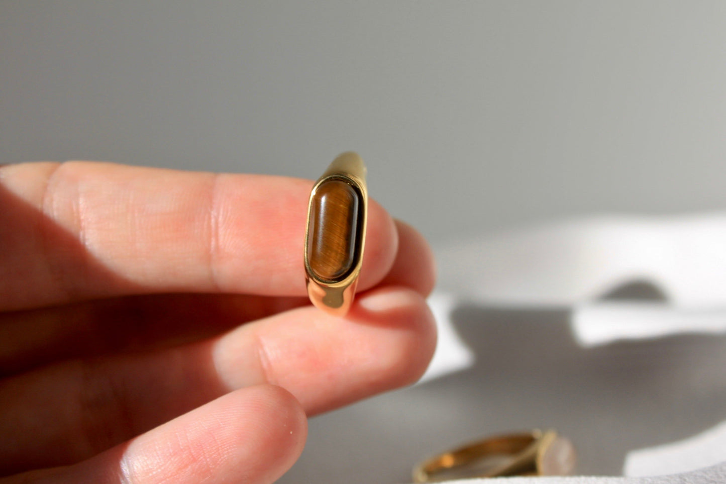 18K Gold Plated Natural Stone Rose Quartz Ring, Tiger&rsquo;s Eye Ring