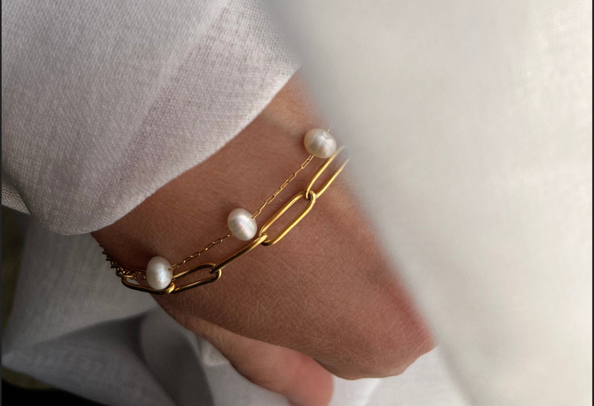 18K Gold Plated Link Pearl Bracelet