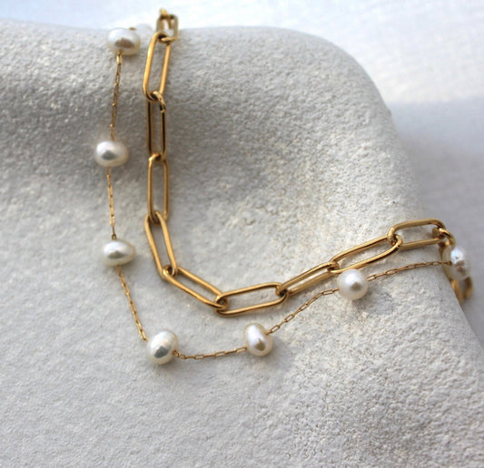 18K Gold Plated Link Pearl Bracelet